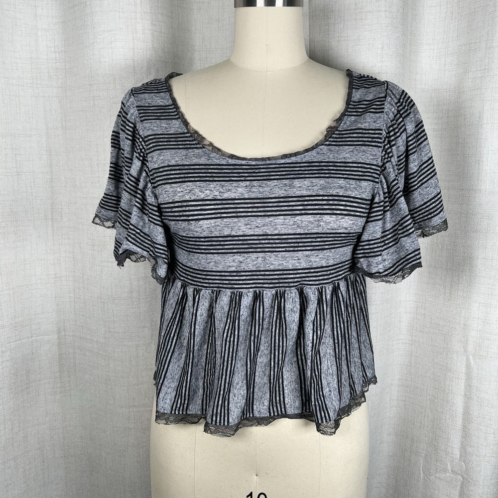 Free People Striped Peplum Top Flutter‎ Sleeve Grey Black Babydoll Boho Small